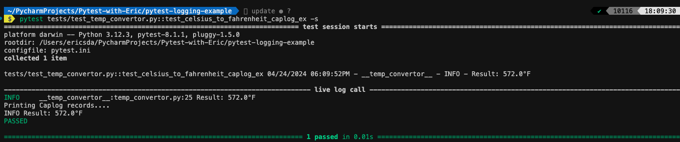 Output of Changing Log Level at a Single Test Level